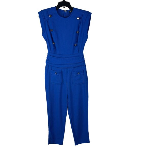 INC International Concepts SZ 6 Cropped Romper Jumpsuit Stretch Pockets Blue - Picture 1 of 8